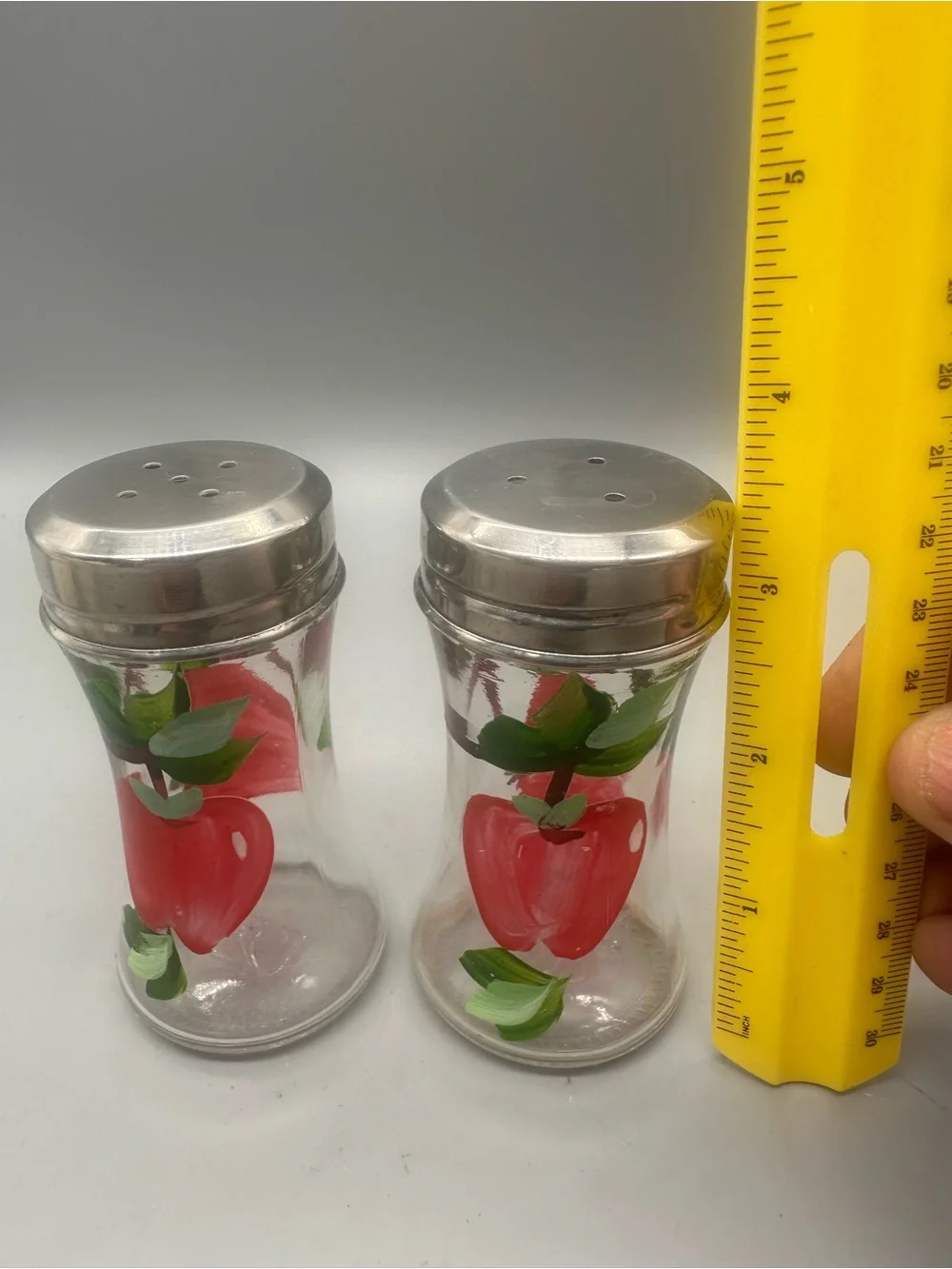 Apple Red Hand-Painted Apple Glass Salt and Pepper Shaker Set with Silver Lids